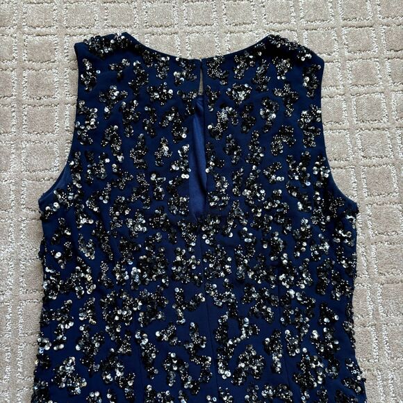 ADRIANNA PAPELL Sequin Beaded Dress 4 Navy Blue Sleeveless Cocktail Embellished - Picture 6 of 11